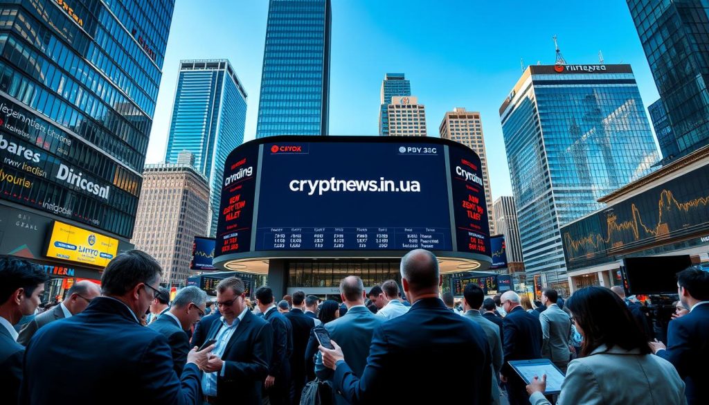 A bustling investment market in Ukraine, with a dynamic and diverse array of financial institutions, trading platforms, and investors. The scene is characterized by towering glass skyscrapers, modern architecture, and cutting-edge digital displays showcasing stock prices and investment data. In the foreground, people in business attire are engaged in animated discussions, referencing tablets and smartphones as they navigate the complexities of the Ukrainian investment landscape. The middle ground features a large electronic board displaying the "cryptonews.in.ua" brand, surrounded by traders and analysts poring over financial reports. The background is dominated by a clear blue sky, creating a sense of optimism and opportunity within this thriving investment market. A bustling investment market in Ukraine, with a dynamic and diverse array of financial institutions, trading platforms, and investors. The scene is characterized by towering glass skyscrapers, modern architecture, and cutting-edge digital displays showcasing stock prices and investment data. In the foreground, people in business attire are engaged in animated discussions, referencing tablets and smartphones as they navigate the complexities of the Ukrainian investment landscape. The middle ground features a large electronic board displaying the "cryptonews.in.ua" brand, surrounded by traders and analysts poring over financial reports. The background is dominated by a clear blue sky, creating a sense of optimism and opportunity within this thriving investment market.