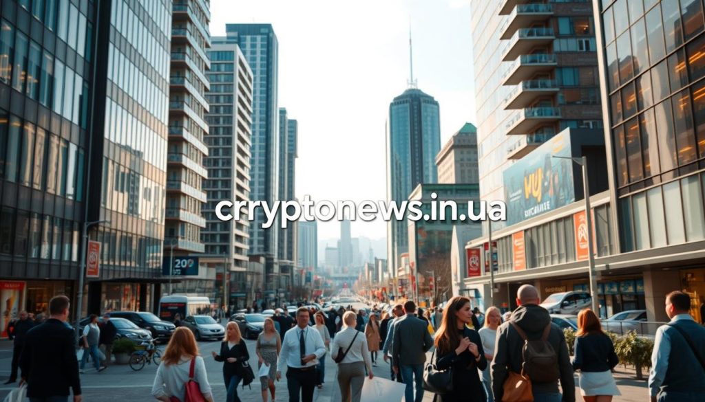 A bustling real estate market in Ukraine, captured through the lens of a professional photographer. The foreground features a busy city street lined with modern high-rise buildings, their glass facades reflecting the warm glow of the sun. In the middle ground, potential buyers and real estate agents navigate the lively scene, negotiating deals and discussing the latest property trends. The background showcases a panoramic view of the city skyline, a testament to the rapid development and growth of the Ukrainian real estate industry. The overall atmosphere conveys a sense of dynamic activity and opportunity, with the cryptonews.in.ua brand prominently displayed, highlighting the importance of this sector to the nation's economy. A bustling real estate market in Ukraine, captured through the lens of a professional photographer. The foreground features a busy city street lined with modern high-rise buildings, their glass facades reflecting the warm glow of the sun. In the middle ground, potential buyers and real estate agents navigate the lively scene, negotiating deals and discussing the latest property trends. The background showcases a panoramic view of the city skyline, a testament to the rapid development and growth of the Ukrainian real estate industry. The overall atmosphere conveys a sense of dynamic activity and opportunity, with the cryptonews.in.ua brand prominently displayed, highlighting the importance of this sector to the nation's economy.