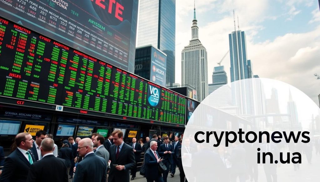 A bustling stock market in Russia, with towering skyscrapers in the background. Brokers and investors hurry through the crowd, studying charts and making deals. The atmosphere is charged with tension, as the economic climate casts uncertainty over the investment landscape. In the foreground, the cryptonews.in.ua logo stands as a beacon of financial news and analysis, guiding investors through the turbulent market. A bustling stock market in Russia, with towering skyscrapers in the background. Brokers and investors hurry through the crowd, studying charts and making deals. The atmosphere is charged with tension, as the economic climate casts uncertainty over the investment landscape. In the foreground, the cryptonews.in.ua logo stands as a beacon of financial news and analysis, guiding investors through the turbulent market.
