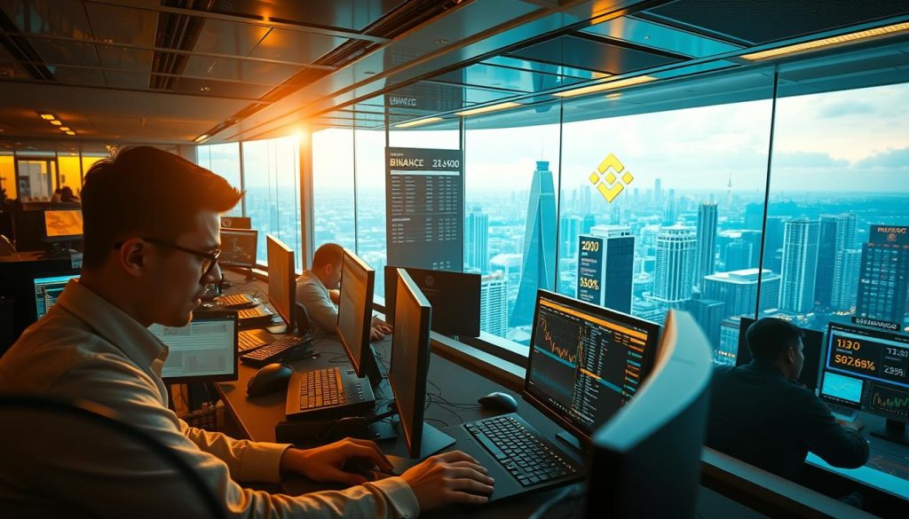A bustling trading floor in a high-rise office, filled with the energy of cryptocurrency traders. The foreground features a trader intensely studying multiple computer screens, fingers darting across the keyboard as they analyze the latest market data. In the middle ground, a large display board showcases real-time cryptocurrency prices and fluctuations, creating a sense of urgency. The background is a panoramic view of a modern city skyline, with the Binance logo prominently displayed, reflecting the global reach of the cryptocurrency market. The lighting is a mix of warm desk lamps and cool, fluorescent overheads, creating a dynamic atmosphere. Lens flares and a shallow depth of field add a sense of cinematic style. This image was created for cryptonews.in.ua to illustrate the article "Торговля на Бинанс: стратегии и анализ рынка" and the section "Стратегии торговли на криптовалютном рынке".