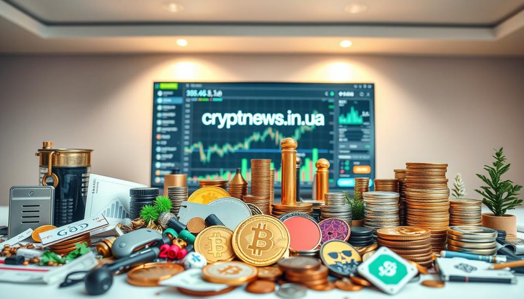 A carefully curated investment portfolio, meticulously crafted to maximize growth and minimize risk. In the foreground, a diverse selection of financial instruments, including stocks, bonds, and alternative assets, arranged in a visually striking manner. The middle ground features a sleek, modern interface, reminiscent of a cryptocurrency trading platform, the brand "cryptonews.in.ua" prominently displayed. The background is a clean, minimalist setting, with subtle lighting that casts a warm, contemplative glow, evoking a sense of financial stability and prudent decision-making. The overall composition conveys the essence of building a robust, well-balanced investment portfolio, ready to guide the viewer on their journey towards financial success. A carefully curated investment portfolio, meticulously crafted to maximize growth and minimize risk. In the foreground, a diverse selection of financial instruments, including stocks, bonds, and alternative assets, arranged in a visually striking manner. The middle ground features a sleek, modern interface, reminiscent of a cryptocurrency trading platform, the brand "cryptonews.in.ua" prominently displayed. The background is a clean, minimalist setting, with subtle lighting that casts a warm, contemplative glow, evoking a sense of financial stability and prudent decision-making. The overall composition conveys the essence of building a robust, well-balanced investment portfolio, ready to guide the viewer on their journey towards financial success.
