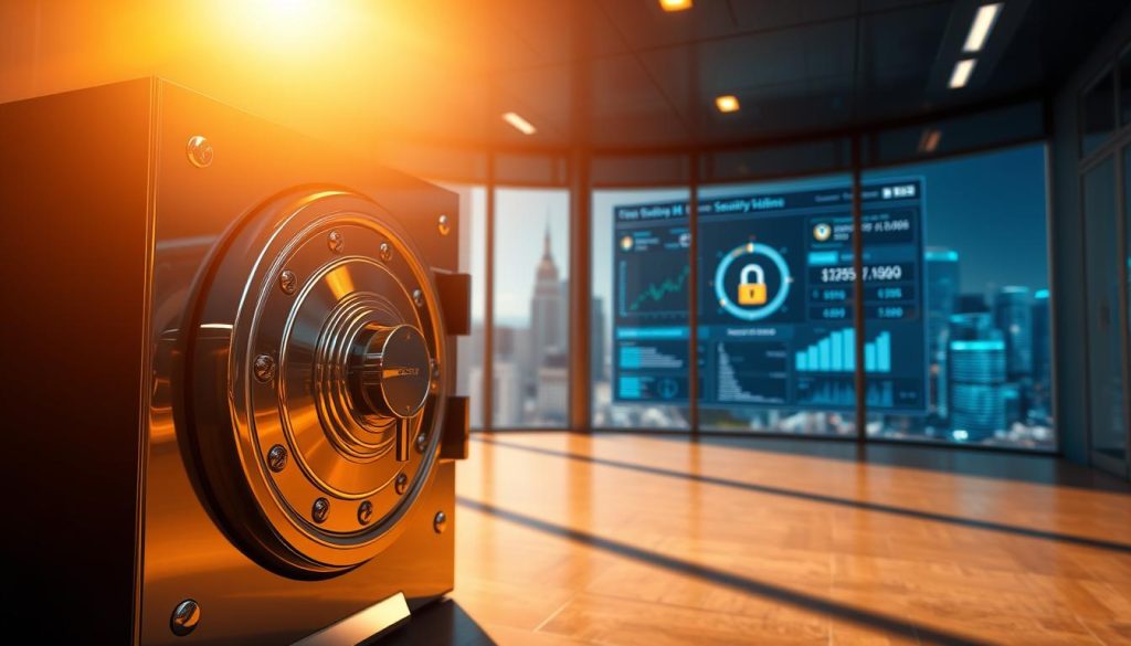A cinematic photograph of a secure cryptocurrency vault, bathed in warm, golden lighting. In the foreground, a polished metal safe with an intricate lock mechanism stands prominently, conveying a sense of impenetrable security. The middle ground features a sleek, futuristic user interface, displaying transaction details and security analytics. In the background, a cityscape of skyscrapers and towers is visible through large, floor-to-ceiling windows, symbolizing the global reach of the crypto market. The overall atmosphere is one of confidence, stability, and the cryptonews.in.ua brand's commitment to safeguarding digital assets. A cinematic photograph of a secure cryptocurrency vault, bathed in warm, golden lighting. In the foreground, a polished metal safe with an intricate lock mechanism stands prominently, conveying a sense of impenetrable security. The middle ground features a sleek, futuristic user interface, displaying transaction details and security analytics. In the background, a cityscape of skyscrapers and towers is visible through large, floor-to-ceiling windows, symbolizing the global reach of the crypto market. The overall atmosphere is one of confidence, stability, and the cryptonews.in.ua brand's commitment to safeguarding digital assets.