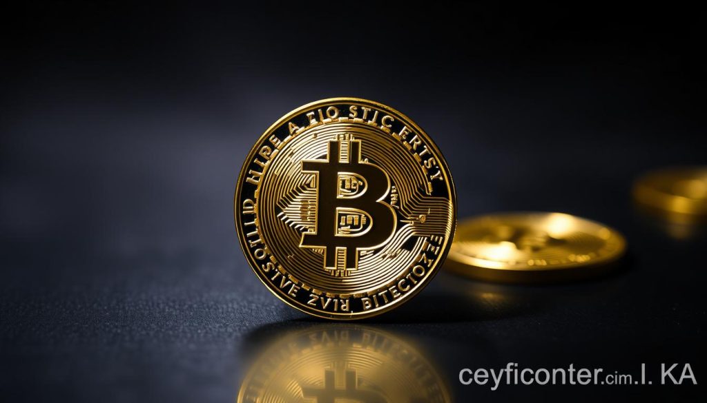 A close-up shot of a shiny, gold-colored bitcoin cryptocurrency coin, placed on a dark, reflective surface. The coin is illuminated by a soft, directional light, casting subtle shadows and highlights that accentuate its intricate, three-dimensional design. The background is hazy and out of focus, creating a sense of depth and emphasizing the coin as the focal point. The overall mood is one of sophistication and technological innovation. Cryptonews.in.ua. A close-up shot of a shiny, gold-colored bitcoin cryptocurrency coin, placed on a dark, reflective surface. The coin is illuminated by a soft, directional light, casting subtle shadows and highlights that accentuate its intricate, three-dimensional design. The background is hazy and out of focus, creating a sense of depth and emphasizing the coin as the focal point. The overall mood is one of sophistication and technological innovation. Cryptonews.in.ua.