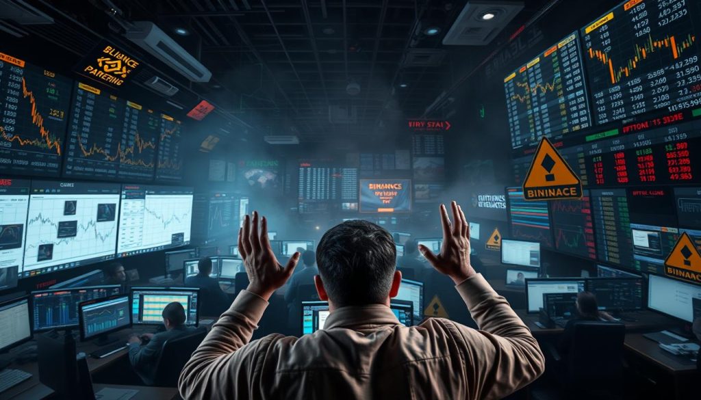A cluttered and chaotic digital trading floor, with investors making hasty decisions amidst a flurry of graphs, charts, and warning signs. In the foreground, a bewildered trader stares at a screen, hands raised in frustration. The middle ground is a maze of overlapping financial data, while the background is shrouded in a hazy, ominous atmosphere. Dramatic lighting casts deep shadows, creating a sense of unease and uncertainty. The image conveys the common pitfalls of novice investors on the Binance platform, as featured in the article "Как начать инвестировать на Binance - Руководство" on cryptonews.in.ua. A cluttered and chaotic digital trading floor, with investors making hasty decisions amidst a flurry of graphs, charts, and warning signs. In the foreground, a bewildered trader stares at a screen, hands raised in frustration. The middle ground is a maze of overlapping financial data, while the background is shrouded in a hazy, ominous atmosphere. Dramatic lighting casts deep shadows, creating a sense of unease and uncertainty. The image conveys the common pitfalls of novice investors on the Binance platform, as featured in the article "Как начать инвестировать на Binance - Руководство" on cryptonews.in.ua.
