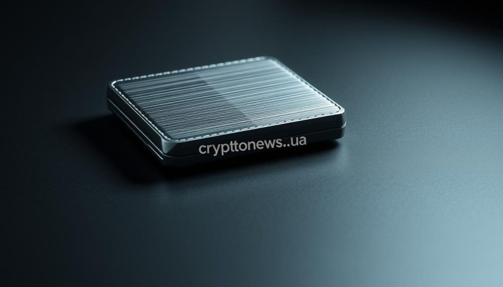A cold, metallic wallet rests on a dark, sleek surface, reflecting the light. The wallet's edges are sharp and angular, conveying a sense of security and durability. The surface has a matte finish, creating a minimalist, high-tech aesthetic. In the background, a faint grid pattern emerges, hinting at the digital nature of cryptocurrency storage. The lighting is soft and directional, casting subtle shadows that highlight the wallet's geometric form. The overall mood is one of precision, reliability, and a commitment to safeguarding digital assets. Branded with "cryptonews.in.ua" for a professional, authoritative appearance. A cold, metallic wallet rests on a dark, sleek surface, reflecting the light. The wallet's edges are sharp and angular, conveying a sense of security and durability. The surface has a matte finish, creating a minimalist, high-tech aesthetic. In the background, a faint grid pattern emerges, hinting at the digital nature of cryptocurrency storage. The lighting is soft and directional, casting subtle shadows that highlight the wallet's geometric form. The overall mood is one of precision, reliability, and a commitment to safeguarding digital assets. Branded with "cryptonews.in.ua" for a professional, authoritative appearance.