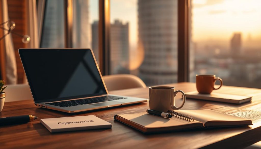 A cozy home office setting, with a laptop, a mug of coffee, and a notebook on a wooden desk. Warm lighting casts a soft glow, creating a contemplative atmosphere. In the background, a large window overlooks a cityscape, hinting at the broader world of investment opportunities. On the desk, a cryptonews.in.ua logo subtly indicates the source of information. The overall scene conveys the preparation and focus required for successful investing, inviting the viewer to embark on their own financial journey. A cozy home office setting, with a laptop, a mug of coffee, and a notebook on a wooden desk. Warm lighting casts a soft glow, creating a contemplative atmosphere. In the background, a large window overlooks a cityscape, hinting at the broader world of investment opportunities. On the desk, a cryptonews.in.ua logo subtly indicates the source of information. The overall scene conveys the preparation and focus required for successful investing, inviting the viewer to embark on their own financial journey.