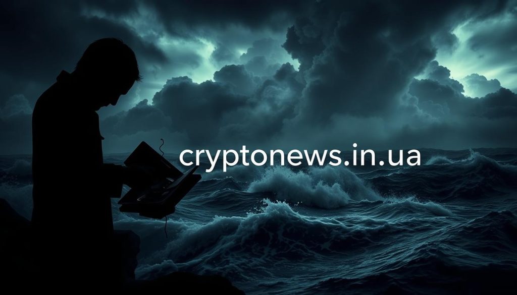 A dark and ominous scene depicting the perils of investment risk. In the foreground, a shadowy figure clutches a portfolio, its contents spilling out as a storm rages around them. The middle ground is filled with tumultuous waves, symbolizing the volatility of the financial markets. In the background, towering storm clouds loom, casting an eerie glow across the landscape. The overall atmosphere is one of foreboding and uncertainty, with a muted color palette that evokes the high-stakes nature of investing. The cryptonews.in.ua brand name is subtly integrated into the scene, as if etched into the turbulent waters. A dark and ominous scene depicting the perils of investment risk. In the foreground, a shadowy figure clutches a portfolio, its contents spilling out as a storm rages around them. The middle ground is filled with tumultuous waves, symbolizing the volatility of the financial markets. In the background, towering storm clouds loom, casting an eerie glow across the landscape. The overall atmosphere is one of foreboding and uncertainty, with a muted color palette that evokes the high-stakes nature of investing. The cryptonews.in.ua brand name is subtly integrated into the scene, as if etched into the turbulent waters.