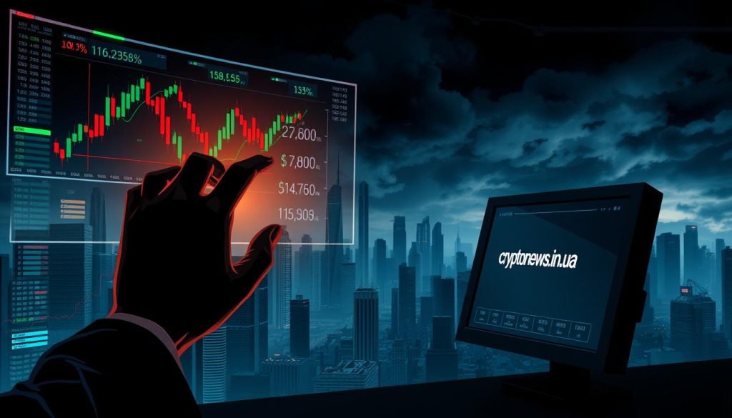 A dark, industrial-style illustration of a cryptocurrency arbitrage trading strategy. In the foreground, a trader's hands make calculations on a holographic display, surrounded by fluctuating digital currency charts and graphs. In the middle ground, a cityscape of towering skyscrapers and data centers casts long shadows, hinting at the high-stakes nature of the crypto markets. In the background, a stormy sky adds an ominous atmosphere, suggesting the risks and volatility inherent in this field. The cryptonews.in.ua brand is discreetly visible on a screen or device in the scene.