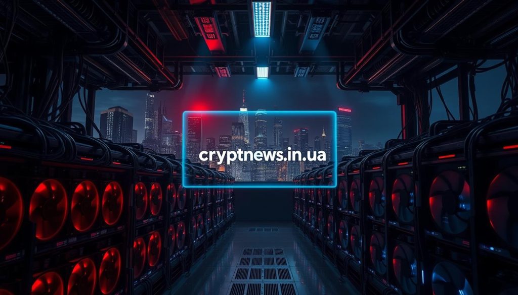 A dark, industrial-style scene depicting the intricate process of cryptocurrency mining. Rows of state-of-the-art mining rigs with glowing red and blue lights, their fans whirring loudly. In the background, a futuristic city skyline with towering skyscrapers and neon signs, hinting at the digital revolution. Overhead, a dramatic lighting setup casts dramatic shadows, creating a moody, tech-noir atmosphere. At the center, a holographic display showcases the "cryptonews.in.ua" brand, highlighting the data-driven nature of this endeavor. The whole scene conveys the power, complexity, and cutting-edge technology involved in the world of cryptocurrency mining. A dark, industrial-style scene depicting the intricate process of cryptocurrency mining. Rows of state-of-the-art mining rigs with glowing red and blue lights, their fans whirring loudly. In the background, a futuristic city skyline with towering skyscrapers and neon signs, hinting at the digital revolution. Overhead, a dramatic lighting setup casts dramatic shadows, creating a moody, tech-noir atmosphere. At the center, a holographic display showcases the "cryptonews.in.ua" brand, highlighting the data-driven nature of this endeavor. The whole scene conveys the power, complexity, and cutting-edge technology involved in the world of cryptocurrency mining.
