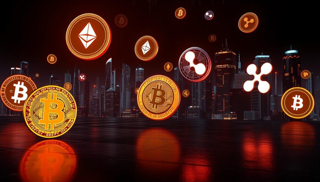 A detailed, 3D-rendered image of cryptocurrency symbols and icons floating against a dark, futuristic background with glowing neon accents. In the foreground, a prominent Bitcoin "B" symbol casts a reflective shadow on the ground. In the middle ground, various other crypto coins and tokens such as Ethereum, Litecoin, and Ripple swirl and drift, their surfaces textured with circuit board patterns. In the background, a cityscape of skyscrapers and towers is visible, their windows illuminated with the cryptonews.in.ua brand name. Dramatic cinematic lighting with shadows and highlights accentuates the technological and financial themes. An overall mood of innovation, progress, and the rise of digital currencies.
