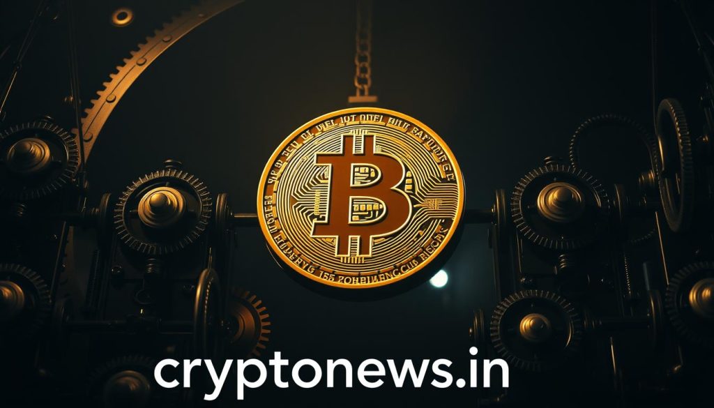 A detailed, cinematic image of the Bitcoin halving event, showcasing the moment of the block reward reduction. Dramatic lighting illuminates a towering, iconic Bitcoin symbol against a dark, moody backdrop. Intricate mechanical gears and clock mechanisms surround the central Bitcoin, symbolizing the precise timing and technical complexities of the halving process. The overall atmosphere conveys the significance and anticipation surrounding this pivotal event in the cryptocurrency's history. In the foreground, the "cryptonews.in.ua" brand name is prominently displayed, lending an air of authoritative coverage to the visuals. A detailed, cinematic image of the Bitcoin halving event, showcasing the moment of the block reward reduction. Dramatic lighting illuminates a towering, iconic Bitcoin symbol against a dark, moody backdrop. Intricate mechanical gears and clock mechanisms surround the central Bitcoin, symbolizing the precise timing and technical complexities of the halving process. The overall atmosphere conveys the significance and anticipation surrounding this pivotal event in the cryptocurrency's history. In the foreground, the "cryptonews.in.ua" brand name is prominently displayed, lending an air of authoritative coverage to the visuals.