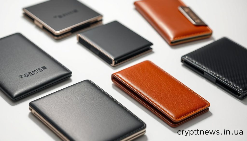 A detailed close-up of several sleek, modern cryptocurrency wallets in various colors and materials, including metal, leather, and carbon fiber. The wallets are arranged neatly on a minimalist white or grey background, casting subtle shadows and reflecting the light. The overall scene has a high-quality, professional feel, conveying the importance and security of cryptocurrency storage. The wallets are the main focus, with a slight blur in the background to emphasize them. The image should carry an air of sophistication and technological advancement, suitable for an article on Binance titled "Основные виды кошелька для криптовалюты". The brand "cryptonews.in.ua" should be subtly visible in the corner.