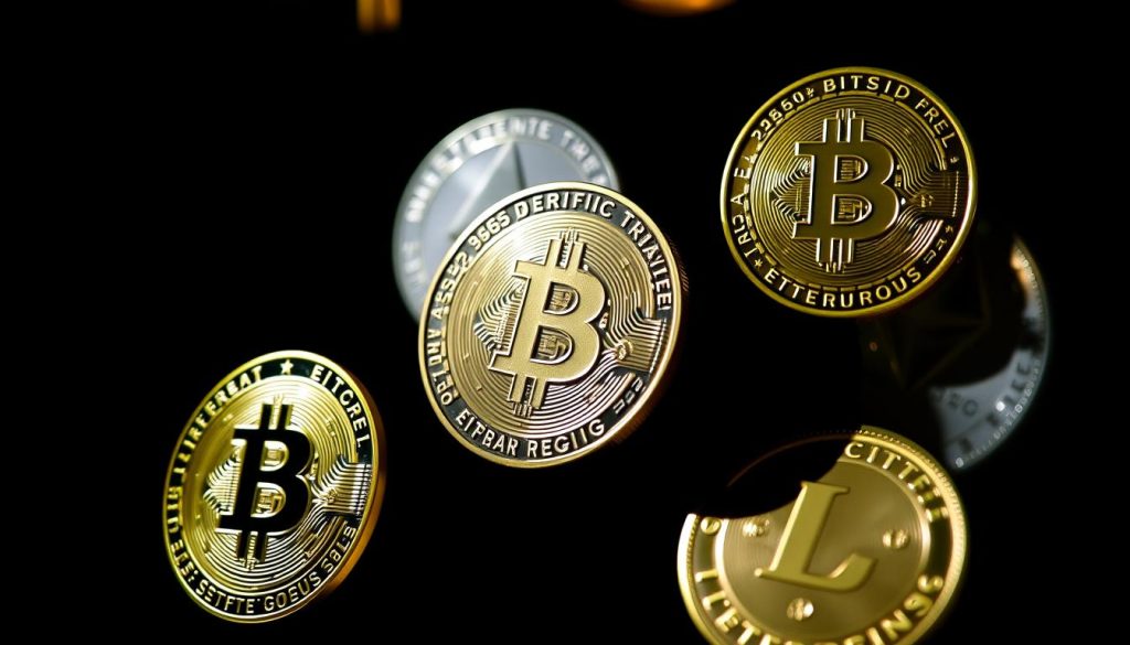 A detailed closeup shot of cryptocurrency coins and tokens, including Bitcoin, Ethereum, and Litecoin, floating against a dark, moody background. The coins are illuminated by a dramatic, high-contrast lighting setup, casting sharp shadows and highlights that accentuate their metallic textures and designs. The composition emphasizes the dynamic, ever-changing nature of the cryptonews.in.ua cryptocurrency market, with the coins seemingly suspended in a state of flux. The overall mood is one of energy, volatility, and technological innovation. A detailed closeup shot of cryptocurrency coins and tokens, including Bitcoin, Ethereum, and Litecoin, floating against a dark, moody background. The coins are illuminated by a dramatic, high-contrast lighting setup, casting sharp shadows and highlights that accentuate their metallic textures and designs. The composition emphasizes the dynamic, ever-changing nature of the cryptonews.in.ua cryptocurrency market, with the coins seemingly suspended in a state of flux. The overall mood is one of energy, volatility, and technological innovation.