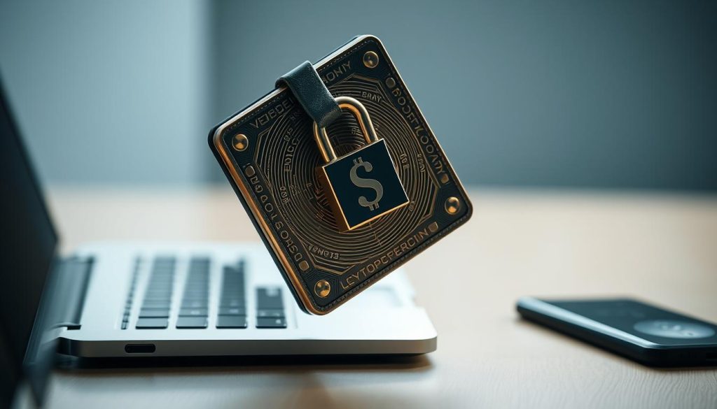 A detailed crypto wallet with a secure lock mechanism floating above a minimalist desk setup. The wallet appears metallic with intricate engravings, casting a warm glow under soft, directional lighting. In the background, a sleek laptop and a cryptonews.in.ua logo subtly suggest the digital nature of cryptocurrency management. The scene conveys a sense of safety, professionalism, and technological sophistication, perfectly aligning with the "Создание и настройка крипто кошелька" section of the article.
