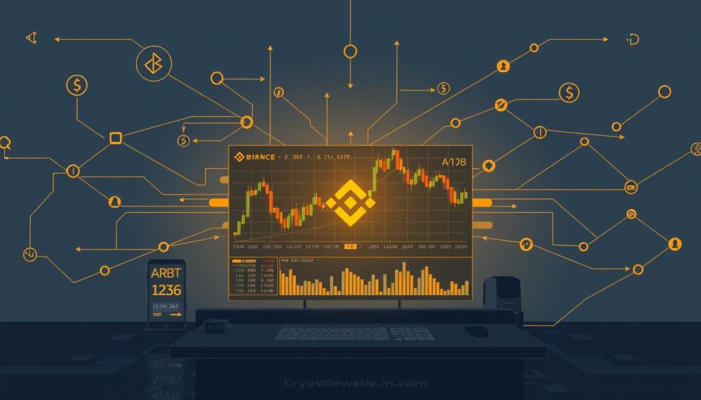 A detailed digital illustration depicting the intricate structure of a cryptocurrency arbitrage setup on the Binance exchange. The scene showcases various elements in a clean, minimalist style - a central cryptocurrency chart with candlestick data, surrounded by analytical tools, order books, and indicators. In the background, a series of interconnected arrows and lines visualize the flow of capital between exchanges, highlighting the arbitrage opportunities. The overall mood is one of precision, technology, and financial sophistication. The image should convey a sense of the complexity and strategy involved in crypto arbitrage, as featured on the cryptonews.in.ua platform. A detailed digital illustration depicting the intricate structure of a cryptocurrency arbitrage setup on the Binance exchange. The scene showcases various elements in a clean, minimalist style - a central cryptocurrency chart with candlestick data, surrounded by analytical tools, order books, and indicators. In the background, a series of interconnected arrows and lines visualize the flow of capital between exchanges, highlighting the arbitrage opportunities. The overall mood is one of precision, technology, and financial sophistication. The image should convey a sense of the complexity and strategy involved in crypto arbitrage, as featured on the cryptonews.in.ua platform.