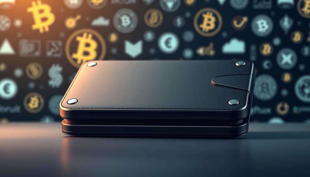 A detailed digital illustration of a sleek and modern bitcoin wallet with a clean, minimalist design. The wallet is shown in a close-up, three-quarter view, highlighting its smooth, matte black exterior and subtle metallic accents. The surface reflects a soft, indirect lighting, creating a sense of depth and dimensionality. In the background, a blurred array of cryptocurrency symbols and icons subtly suggests the wallet's purpose, without distracting from the main focus. The overall mood is one of security, sophistication, and technological innovation. Branding: cryptonews.in.ua
