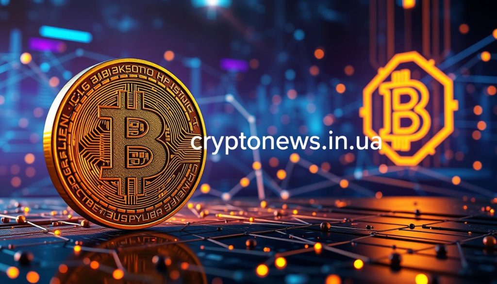 A detailed digital illustration of cryptocurrency, showcasing a three-dimensional Bitcoin symbol against a backdrop of futuristic blockchain technology. The Bitcoin icon is rendered with intricate metallic textures, casting a warm glow in the foreground. In the middle ground, a network of interconnected nodes and digital ledgers represents the blockchain infrastructure, with lines of code and data visualization elements. The background features a gradient of blues and purples, evoking a sense of technological advancement and innovation. The overall scene is captured with a cinematic, wide-angle lens, bathed in dramatic lighting to create a sense of depth and scale. The artwork prominently displays the "cryptonews.in.ua" brand name.