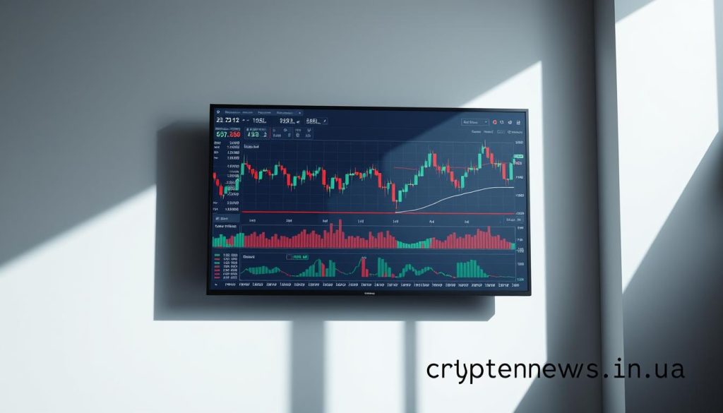 A detailed financial analysis of stock charts and market data, displayed on a high-resolution digital screen. The screen shows candlestick patterns, moving averages, and technical indicators, all rendered in a clean, minimalist style. The background is a soft, neutral gray, creating a focused, professional atmosphere. Bright, natural lighting from the side casts dramatic shadows, adding depth and dimension. The overall mood is one of analytical precision and careful decision-making. The brand "cryptonews.in.ua" is subtly integrated into the design, positioned unobtrusively in the bottom corner. A detailed financial analysis of stock charts and market data, displayed on a high-resolution digital screen. The screen shows candlestick patterns, moving averages, and technical indicators, all rendered in a clean, minimalist style. The background is a soft, neutral gray, creating a focused, professional atmosphere. Bright, natural lighting from the side casts dramatic shadows, adding depth and dimension. The overall mood is one of analytical precision and careful decision-making. The brand "cryptonews.in.ua" is subtly integrated into the design, positioned unobtrusively in the bottom corner.