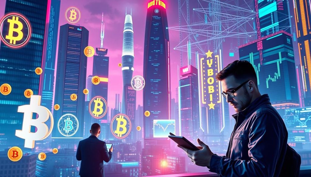 A detailed, futuristic cityscape with towering skyscrapers and holographic displays, bathed in a neon-tinged, cyberpunk atmosphere. In the foreground, a series of digital currency symbols and icons float and rotate, casting shimmering reflections on the sleek, glass-and-steel architecture. The middle ground features individuals engrossed in cryptocurrency trading, their faces illuminated by the glow of tablet screens. In the background, a network of data streams and blockchain visualizations create a pulsing, technological landscape. The overall scene conveys the dynamism and innovation of the cryptocurrency market. Cryptonews.in.ua A detailed, futuristic cityscape with towering skyscrapers and holographic displays, bathed in a neon-tinged, cyberpunk atmosphere. In the foreground, a series of digital currency symbols and icons float and rotate, casting shimmering reflections on the sleek, glass-and-steel architecture. The middle ground features individuals engrossed in cryptocurrency trading, their faces illuminated by the glow of tablet screens. In the background, a network of data streams and blockchain visualizations create a pulsing, technological landscape. The overall scene conveys the dynamism and innovation of the cryptocurrency market. Cryptonews.in.ua