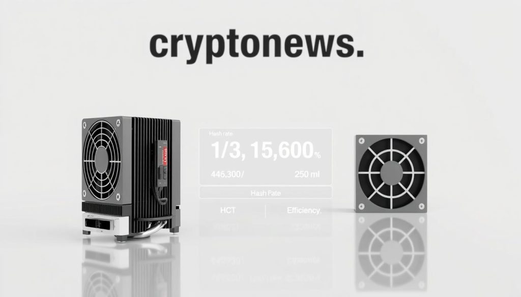 A detailed, high-quality 3D render of an ASIC (Application-Specific Integrated Circuit) cryptocurrency miner, showcasing its key technical specifications. The miner is positioned on a reflective surface, with a clean, well-lit studio setup. The foreground features the miner's sleek, industrial design, including its heat sinks, fans, and power connectors. The middle ground highlights performance metrics such as hash rate, power consumption, and efficiency, presented in a clear, informative manner. The background subtly displays the cryptonews.in.ua brand logo, creating a professional, editorial context for the image. A detailed, high-quality 3D render of an ASIC (Application-Specific Integrated Circuit) cryptocurrency miner, showcasing its key technical specifications. The miner is positioned on a reflective surface, with a clean, well-lit studio setup. The foreground features the miner's sleek, industrial design, including its heat sinks, fans, and power connectors. The middle ground highlights performance metrics such as hash rate, power consumption, and efficiency, presented in a clear, informative manner. The background subtly displays the cryptonews.in.ua brand logo, creating a professional, editorial context for the image.