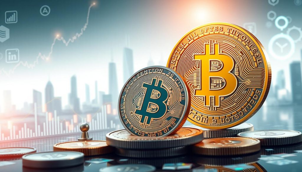 A detailed, high-resolution image of factors influencing the price of Bitcoin. Set in a modern, minimalist style with a cryptonews.in.ua branding. The foreground features various financial and technological symbols, including charts, graphs, and cryptocurrency icons, illustrating the complex factors that drive Bitcoin's value. The middle ground showcases a sleek, metallic Bitcoin coin, while the background depicts a subtle, futuristic cityscape with skyscrapers and glowing, digital motifs. Lighting is soft and diffused, creating a sense of depth and sophistication. The overall mood is one of technological innovation and financial sophistication.