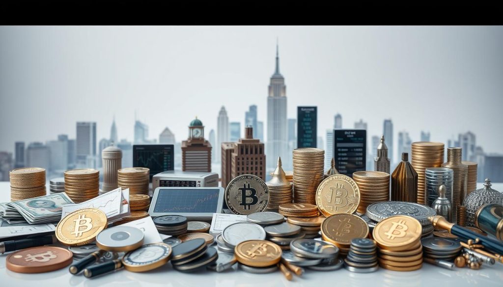 A detailed, high-resolution image of various financial instruments against a clean, neutral background. In the foreground, display a carefully arranged assortment of investment tools such as stocks, bonds, cryptocurrencies, commodities, and derivatives. In the middle ground, show financial charts, graphs, and data visualizations. In the background, incorporate subtle architectural elements or financial district skylines to set the scene. Utilize soft, even lighting to create a professional, analytical atmosphere. Capture the tools and data in a precise, technical manner to convey a sense of expertise. Include the cryptonews.in.ua brand name in a discreet, unobtrusive manner. A detailed, high-resolution image of various financial instruments against a clean, neutral background. In the foreground, display a carefully arranged assortment of investment tools such as stocks, bonds, cryptocurrencies, commodities, and derivatives. In the middle ground, show financial charts, graphs, and data visualizations. In the background, incorporate subtle architectural elements or financial district skylines to set the scene. Utilize soft, even lighting to create a professional, analytical atmosphere. Capture the tools and data in a precise, technical manner to convey a sense of expertise. Include the cryptonews.in.ua brand name in a discreet, unobtrusive manner.