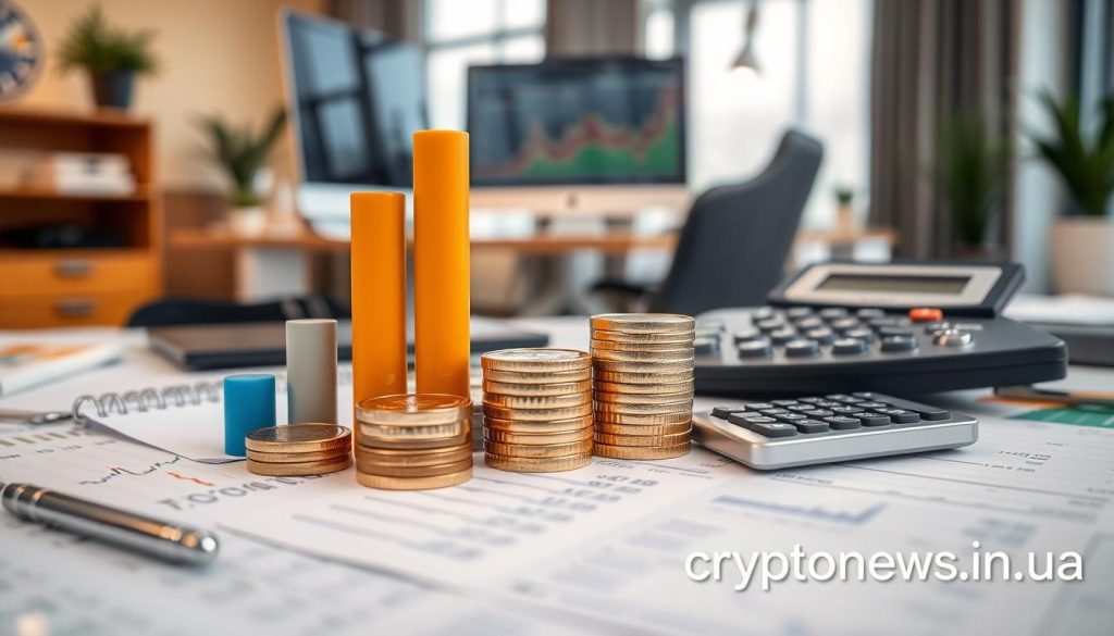A detailed, high-resolution image of various investment instruments, including a stack of coins, a bar graph, a stock chart, and a calculator, set against a backdrop of a modern office with a desk, computer, and other financial accoutrements. The lighting is warm and natural, conveying a sense of professionalism and authority. The overall composition is balanced and visually appealing, with the investment instruments taking center stage. The image is branded with "cryptonews.in.ua" in the lower right corner. A detailed, high-resolution image of various investment instruments, including a stack of coins, a bar graph, a stock chart, and a calculator, set against a backdrop of a modern office with a desk, computer, and other financial accoutrements. The lighting is warm and natural, conveying a sense of professionalism and authority. The overall composition is balanced and visually appealing, with the investment instruments taking center stage. The image is branded with "cryptonews.in.ua" in the lower right corner.