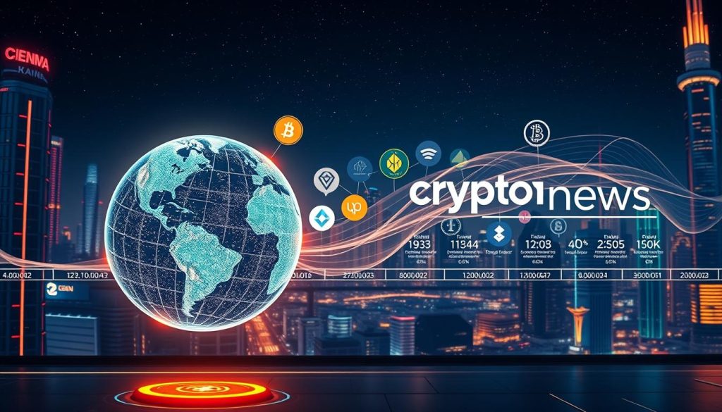 A detailed historical timeline of the evolution of cryptocurrencies, showcasing the key milestones and developments that have shaped the crypto landscape. The scene depicts a futuristic cityscape with holographic displays and glowing neon accents, set against a starry night sky. In the foreground, a three-dimensional floating globe rotates, highlighting the global adoption and impact of cryptocurrencies. In the middle ground, iconic crypto symbols and logos emerge from a swirling data stream, symbolizing the technological advancements and innovation driving the crypto industry. In the background, a sleek, minimalist interface displays a cryptonews.in.ua brand logo, underscoring the informative and authoritative nature of the content. The overall atmosphere is one of progress, innovation, and the transformative potential of digital currencies. A detailed historical timeline of the evolution of cryptocurrencies, showcasing the key milestones and developments that have shaped the crypto landscape. The scene depicts a futuristic cityscape with holographic displays and glowing neon accents, set against a starry night sky. In the foreground, a three-dimensional floating globe rotates, highlighting the global adoption and impact of cryptocurrencies. In the middle ground, iconic crypto symbols and logos emerge from a swirling data stream, symbolizing the technological advancements and innovation driving the crypto industry. In the background, a sleek, minimalist interface displays a cryptonews.in.ua brand logo, underscoring the informative and authoritative nature of the content. The overall atmosphere is one of progress, innovation, and the transformative potential of digital currencies.