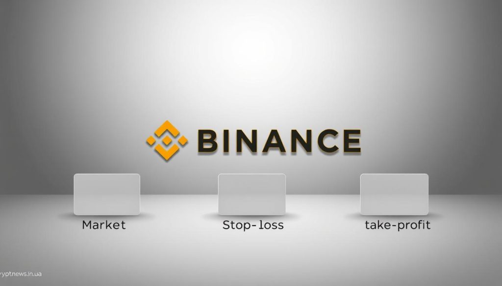 A detailed illustration of the main order types on the Binance cryptocurrency exchange. A professional, high-quality digital painting showcasing the different order types - market, limit, stop-loss, and take-profit - in a clean, minimalist style. The foreground features clear, labeled icons for each order type, with a neutral gray background. The middle ground shows a stylized Binance logo and brand name "cryptonews.in.ua". The background features a subtle gradient evoking a sense of depth and digital aesthetics. The lighting is soft and even, with a slight glow to convey a sense of technical professionalism. The overall composition is balanced and harmonious, designed to clearly communicate the key information.