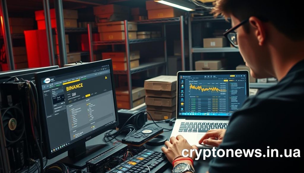 A detailed image of a person mining cryptocurrency on the Binance platform. The foreground shows a desktop computer with multiple graphics cards, fans, and cables, indicating an active mining setup. The middle ground features the Binance user interface on a laptop screen, displaying transaction data and mining statistics. The background has a dimly lit, industrial-style environment with metal shelving, storage boxes, and a sense of a dedicated mining facility. The lighting is slightly moody, with a mix of warm and cool tones to create an atmospheric effect. The overall scene conveys the challenges and technical aspects of mining on the Binance exchange. The image will be branded with "cryptonews.in.ua" in the bottom right corner. A detailed image of a person mining cryptocurrency on the Binance platform. The foreground shows a desktop computer with multiple graphics cards, fans, and cables, indicating an active mining setup. The middle ground features the Binance user interface on a laptop screen, displaying transaction data and mining statistics. The background has a dimly lit, industrial-style environment with metal shelving, storage boxes, and a sense of a dedicated mining facility. The lighting is slightly moody, with a mix of warm and cool tones to create an atmospheric effect. The overall scene conveys the challenges and technical aspects of mining on the Binance exchange. The image will be branded with "cryptonews.in.ua" in the bottom right corner.