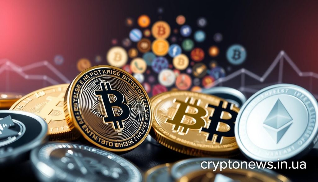 A detailed image of various cryptocurrencies, including Bitcoin, Ethereum, and Litecoin, depicted in a sleek, modern style. The foreground features a close-up view of digital coin icons, with a crisp, high-resolution rendering that showcases their intricate designs and textures. The middle ground presents a collage of different cryptocurrency symbols, arranged in a visually striking composition. The background subtly suggests a futuristic, tech-inspired landscape, with a minimalist color palette and subtle lighting effects that create a sense of depth and atmosphere. The overall scene conveys the diversity and technological sophistication of the cryptocurrency market. Prominently featured in the bottom right corner is the brand name "cryptonews.in.ua". A detailed image of various cryptocurrencies, including Bitcoin, Ethereum, and Litecoin, depicted in a sleek, modern style. The foreground features a close-up view of digital coin icons, with a crisp, high-resolution rendering that showcases their intricate designs and textures. The middle ground presents a collage of different cryptocurrency symbols, arranged in a visually striking composition. The background subtly suggests a futuristic, tech-inspired landscape, with a minimalist color palette and subtle lighting effects that create a sense of depth and atmosphere. The overall scene conveys the diversity and technological sophistication of the cryptocurrency market. Prominently featured in the bottom right corner is the brand name "cryptonews.in.ua".