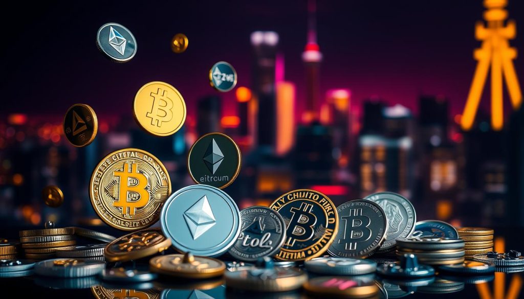 a detailed image of various cryptocurrency symbols and icons, including bitcoin, ethereum, litecoin, and others, arranged in a visually striking composition. the foreground features several digital currency tokens floating or spinning in a captivating display, with the background showing a cityscape silhouette bathed in a vibrant, neon-like lighting. the overall scene conveys a sense of dynamism, innovation, and the growing prominence of the cryptocurrency industry. cryptonews.in.ua