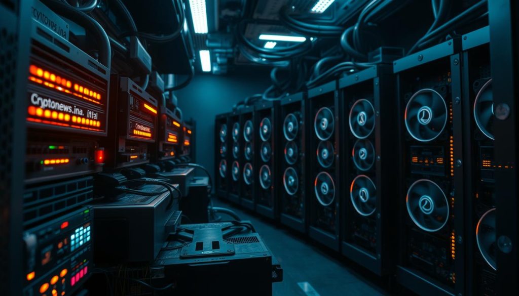 A detailed interior scene of a modern cryptocurrency mining rig, with multiple high-performance GPU rigs and server equipment humming away in a dimly lit, industrial-style room. The foreground features the rig's components - sleek metal chassis, blinking status lights, and cooling fans spinning rapidly. The middle ground showcases the array of GPUs, each illuminated by soft, diffused lighting. In the background, the walls are lined with additional mining rigs, creating an immersive, technical atmosphere. The overall mood is one of productivity and technological innovation. The brand "cryptonews.in.ua" is prominently displayed on the rig's casing. A detailed interior scene of a modern cryptocurrency mining rig, with multiple high-performance GPU rigs and server equipment humming away in a dimly lit, industrial-style room. The foreground features the rig's components - sleek metal chassis, blinking status lights, and cooling fans spinning rapidly. The middle ground showcases the array of GPUs, each illuminated by soft, diffused lighting. In the background, the walls are lined with additional mining rigs, creating an immersive, technical atmosphere. The overall mood is one of productivity and technological innovation. The brand "cryptonews.in.ua" is prominently displayed on the rig's casing.