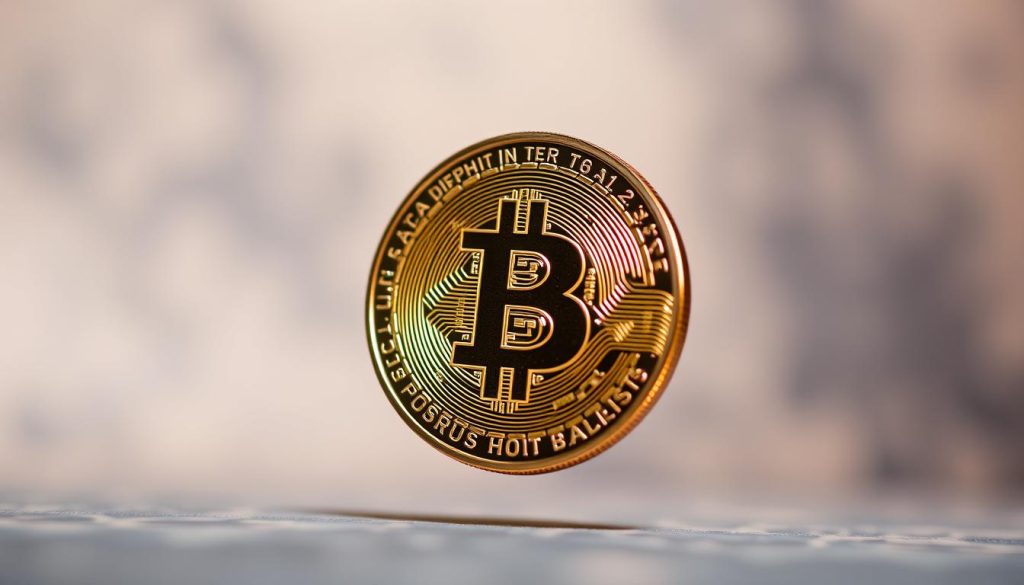A detailed macro shot of a physical Bitcoin coin with a matte metallic finish, floating against a softly blurred abstract background with a subtle gradient from light to dark. The coin is illuminated by a warm, directional light source, casting subtle shadows and highlights that accentuate its intricate design. The overall scene conveys a sense of weight, solidity, and technological sophistication. Cryptonews.in.ua A detailed macro shot of a physical Bitcoin coin with a matte metallic finish, floating against a softly blurred abstract background with a subtle gradient from light to dark. The coin is illuminated by a warm, directional light source, casting subtle shadows and highlights that accentuate its intricate design. The overall scene conveys a sense of weight, solidity, and technological sophistication. Cryptonews.in.ua