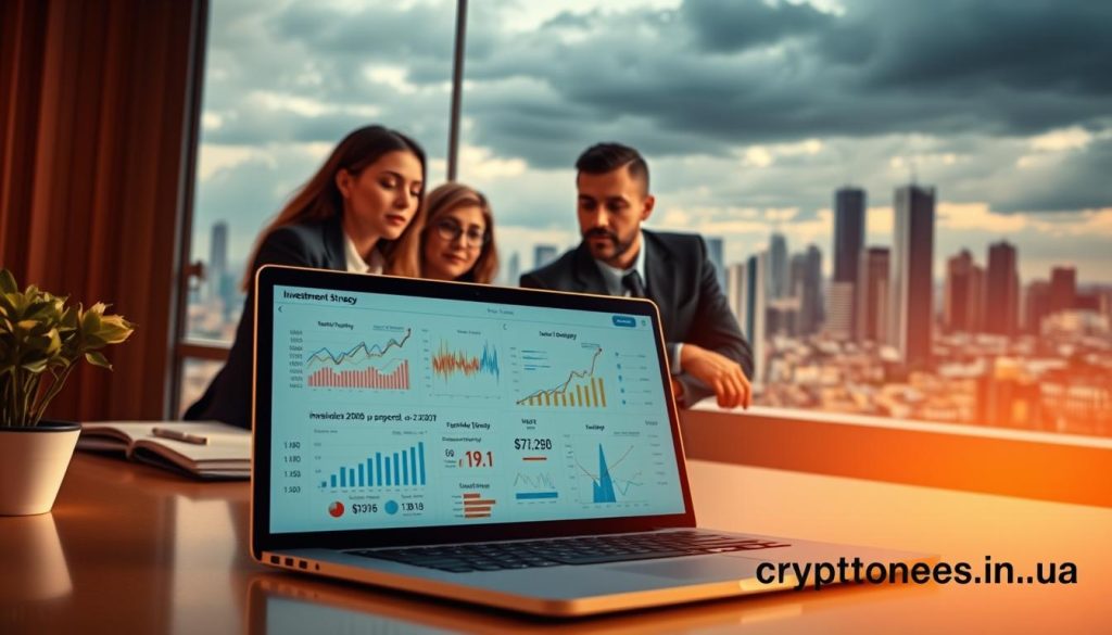 A detailed, meticulously crafted investment strategy plan, with a modern, sleek aesthetic. In the foreground, a laptop displays financial charts and data visualizations, with an array of icons and infographic elements. The middle ground features a professional-looking team collaborating on the strategy, their expressions focused and serious. In the background, an abstract cityscape with skyscrapers and a cloudy sky, conveying a sense of scale and ambition. Warm, directional lighting illuminates the scene, creating depth and drama. The overall mood is one of strategic planning, innovation, and the pursuit of financial success. The image bears the "cryptonews.in.ua" brand name. A detailed, meticulously crafted investment strategy plan, with a modern, sleek aesthetic. In the foreground, a laptop displays financial charts and data visualizations, with an array of icons and infographic elements. The middle ground features a professional-looking team collaborating on the strategy, their expressions focused and serious. In the background, an abstract cityscape with skyscrapers and a cloudy sky, conveying a sense of scale and ambition. Warm, directional lighting illuminates the scene, creating depth and drama. The overall mood is one of strategic planning, innovation, and the pursuit of financial success. The image bears the "cryptonews.in.ua" brand name.