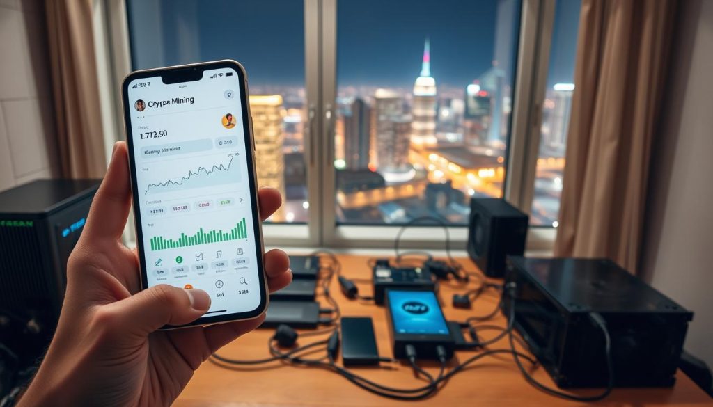 A detailed scene depicting the process of mining cryptocurrency on a smartphone. In the foreground, a hand holds a modern smartphone, its screen displaying a mining app interface with graphs and statistics. The middle ground features a table with various mobile devices, cables, and mining rigs, all bathed in a soft, warm lighting that creates a cozy, productive atmosphere. In the background, a window overlooking a cityscape at night, the skyline illuminated by the glow of streetlights and skyscrapers, symbolizing the global reach of the cryptocurrency mining phenomenon. The overall composition conveys the convenience and accessibility of mobile mining, a key aspect of the "Преимущества и недостатки майнинга на телефоне" section. Cryptonews.in.ua A detailed scene depicting the process of mining cryptocurrency on a smartphone. In the foreground, a hand holds a modern smartphone, its screen displaying a mining app interface with graphs and statistics. The middle ground features a table with various mobile devices, cables, and mining rigs, all bathed in a soft, warm lighting that creates a cozy, productive atmosphere. In the background, a window overlooking a cityscape at night, the skyline illuminated by the glow of streetlights and skyscrapers, symbolizing the global reach of the cryptocurrency mining phenomenon. The overall composition conveys the convenience and accessibility of mobile mining, a key aspect of the "Преимущества и недостатки майнинга на телефоне" section. Cryptonews.in.ua