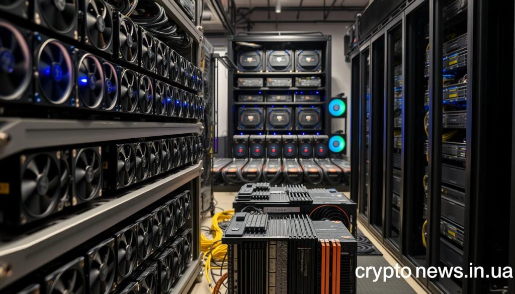 A detailed scene of modern cryptocurrency mining equipment. In the foreground, rows of powerful ASIC miners, their cooling fans whirring, arranged on sturdy metal racks. In the middle ground, a collection of high-end GPUs, their colorful heatsinks and fans visible. In the background, a server rack filled with specialized mining rigs, the dim glow of their LED lights casting a warm atmosphere. The overall scene is well-lit, with a clean, industrial vibe. The image is branded with "cryptonews.in.ua" in the bottom right corner. A detailed scene of modern cryptocurrency mining equipment. In the foreground, rows of powerful ASIC miners, their cooling fans whirring, arranged on sturdy metal racks. In the middle ground, a collection of high-end GPUs, their colorful heatsinks and fans visible. In the background, a server rack filled with specialized mining rigs, the dim glow of their LED lights casting a warm atmosphere. The overall scene is well-lit, with a clean, industrial vibe. The image is branded with "cryptonews.in.ua" in the bottom right corner.