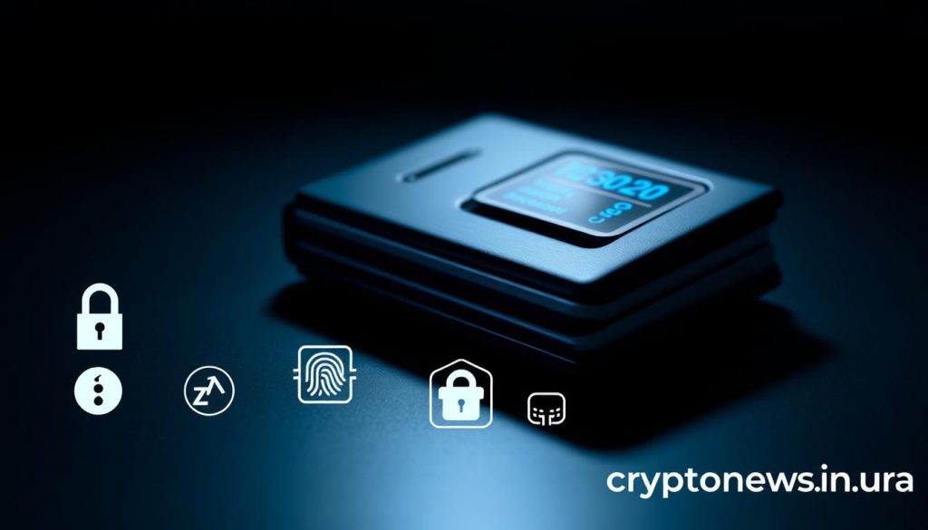 A detailed, secure crypto wallet on a sleek, dark background. The wallet is made of matte black metal, with a minimalist design and a digital display showing account information. Soft blue lighting illuminates the wallet, casting shadows that convey a sense of security and sophistication. In the foreground, a series of security icons, such as a lock, fingerprint, and two-factor authentication, emphasize the wallet's robust protective features. The background is blurred, with a subtle grid pattern suggesting the blockchain technology powering the wallet. The cryptonews.in.ua brand is discreetly visible in the lower right corner.