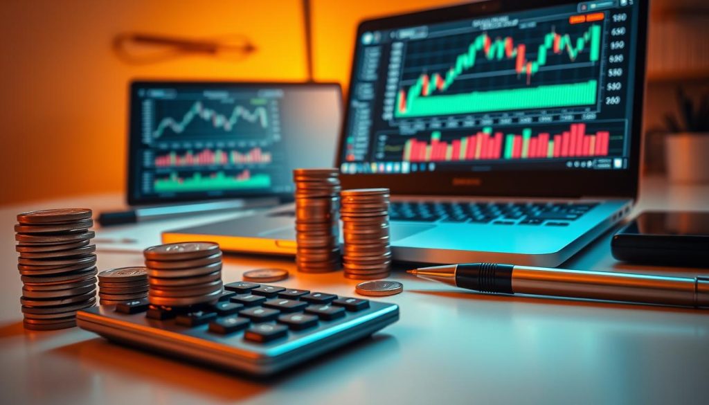 A detailed still life depicting the fundamental investment tools, including a stack of coins, a calculator, a pen, and financial charts displayed on a laptop screen. The scene is illuminated by warm, diffused lighting, casting soft shadows and creating a sense of depth. The tools are arranged on a clean, minimalist desktop, with a subtle branding of "cryptonews.in.ua" visible in the background. The overall composition conveys a mood of thoughtful financial planning and analysis.