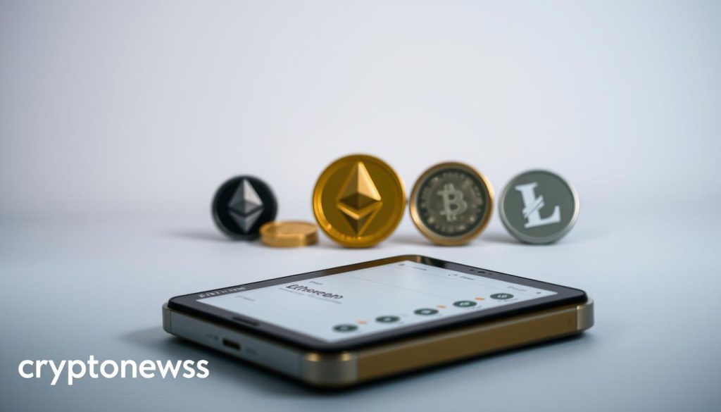 A digital wallet for cryptocurrency, showcased in a sleek, modern design. The foreground features a close-up view of the wallet interface, displaying a clean and intuitive layout with intuitive controls. The middle ground depicts a variety of cryptocurrencies, including Bitcoin, Ethereum, and Litecoin, represented by their iconic symbols. The background is a muted, gradient-based scene, creating a sense of depth and emphasizing the wallet's central focus. The overall image conveys a professional, trustworthy, and user-friendly impression of cryptocurrency management, aligning with the "cryptonews.in.ua" brand. Lighting is soft and directional, enhancing the minimalist aesthetic.