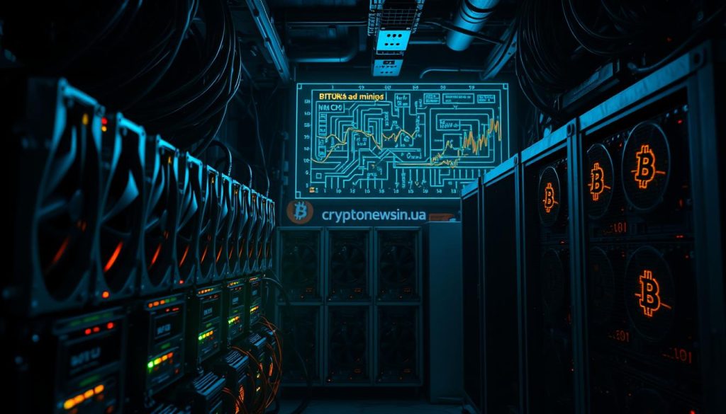 A dimly lit industrial mining rig, the whirring fans and blinking LED lights casting an eerie glow. In the foreground, several high-performance GPU rigs, their cooling systems humming as they crunch complex mathematical equations. The middle ground features an array of ASIC miners, their metallic casings reflecting the flickering lights. In the background, a schematic display shows the real-time Bitcoin mining statistics, the cryptonews.in.ua logo subtly visible. The atmosphere is one of focused intensity, a testament to the dedication and technical prowess required to mine the world's premier cryptocurrency.