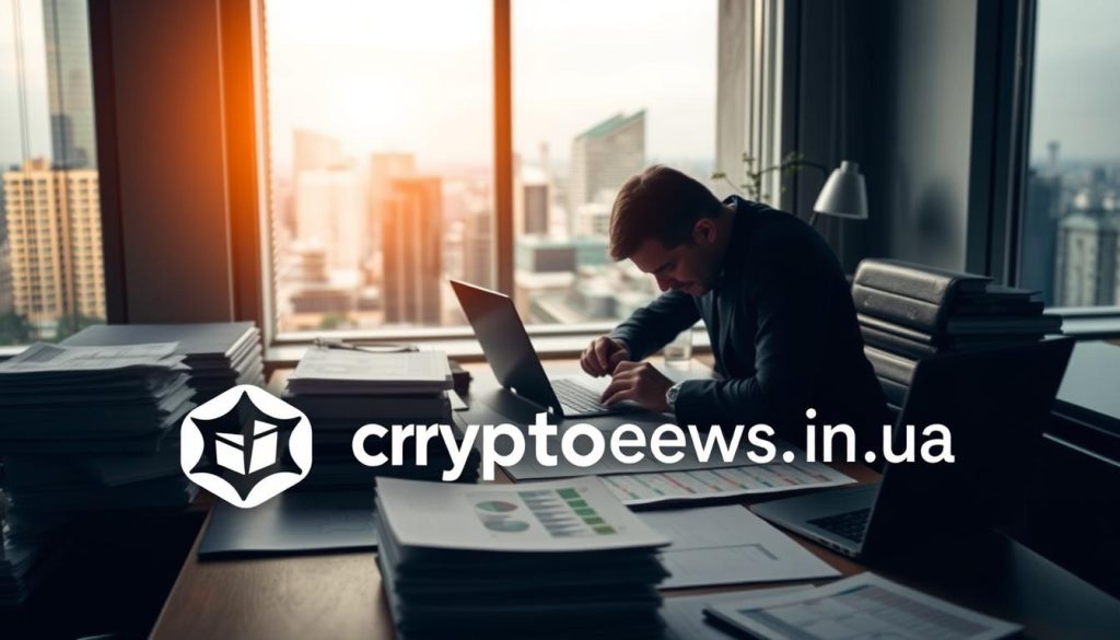 A dimly lit office interior, with a large window overlooking a cityscape in the background. On the desk, an investor pores over financial charts and documents, surrounded by carefully organized stacks of papers and a laptop. The room is bathed in a warm, amber glow, creating a sense of contemplation and concentration. In the foreground, a cryptonews.in.ua logo is subtly integrated into the scene, reflecting the financial nature of the subject matter. The overall atmosphere conveys a sense of cautious optimism and strategic planning amidst economic uncertainty. A dimly lit office interior, with a large window overlooking a cityscape in the background. On the desk, an investor pores over financial charts and documents, surrounded by carefully organized stacks of papers and a laptop. The room is bathed in a warm, amber glow, creating a sense of contemplation and concentration. In the foreground, a cryptonews.in.ua logo is subtly integrated into the scene, reflecting the financial nature of the subject matter. The overall atmosphere conveys a sense of cautious optimism and strategic planning amidst economic uncertainty.