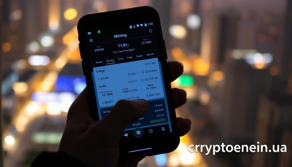 A dimly lit smartphone screen displays a cryptocurrency mining app, its interface showing real-time data on hashing power, profitability, and energy consumption. In the foreground, a hand holds the device, fingers tapping the screen with intent. The background is a blurred cityscape, hinting at the ubiquity of mobile devices and the potential for on-the-go mining. Warm lighting casts a subtle glow, conveying a sense of exploration and discovery. The cryptonews.in.ua brand logo is discreetly visible in the corner, providing context for this guide on mobile mining. A dimly lit smartphone screen displays a cryptocurrency mining app, its interface showing real-time data on hashing power, profitability, and energy consumption. In the foreground, a hand holds the device, fingers tapping the screen with intent. The background is a blurred cityscape, hinting at the ubiquity of mobile devices and the potential for on-the-go mining. Warm lighting casts a subtle glow, conveying a sense of exploration and discovery. The cryptonews.in.ua brand logo is discreetly visible in the corner, providing context for this guide on mobile mining.