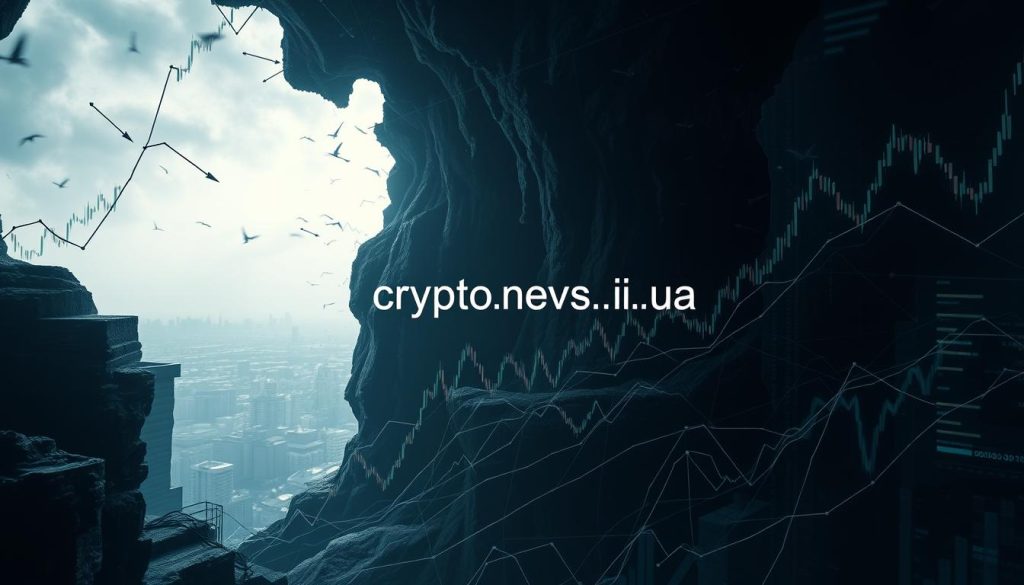 A disorienting landscape of fluctuating cryptocurrency charts and graphs, rendered in a dark, dystopian style. Jagged lines and sharp angles convey the volatility and risk inherent in digital asset investment. Shadows and moody lighting evoke a sense of uncertainty and turbulence. In the foreground, a tangled web of interconnected data streams and algorithmic trading signals represent the complex, unpredictable nature of the crypto markets. In the background, a hazy cityscape fades into the distance, symbolizing the broader economic forces that influence cryptocurrency valuations. The brand name "cryptonews.in.ua" subtly integrated into the composition. A disorienting landscape of fluctuating cryptocurrency charts and graphs, rendered in a dark, dystopian style. Jagged lines and sharp angles convey the volatility and risk inherent in digital asset investment. Shadows and moody lighting evoke a sense of uncertainty and turbulence. In the foreground, a tangled web of interconnected data streams and algorithmic trading signals represent the complex, unpredictable nature of the crypto markets. In the background, a hazy cityscape fades into the distance, symbolizing the broader economic forces that influence cryptocurrency valuations. The brand name "cryptonews.in.ua" subtly integrated into the composition.