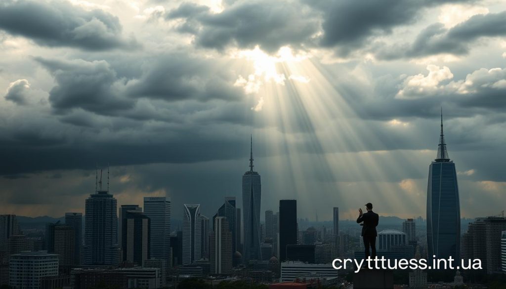 A diversified investment portfolio with various financial instruments, including stocks, bonds, real estate, and cryptocurrency, against a backdrop of a stormy cityscape. Dramatic clouds loom overhead, symbolizing the turbulent economic climate. Rays of light pierce through, offering a glimmer of hope. In the foreground, a cryptonews.in.ua logo stands resolute, guiding investors through the complexities of the market. A sense of balance and stability emerges, reflecting the core principles of successful investing during uncertain times.