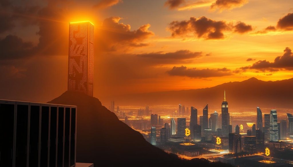 A dramatic landscape depicting the historical maximum price of Bitcoin, with a towering digital ledger rising above a glowing cityscape. The scene is illuminated by a warm, golden light, casting long shadows and highlighting the grandeur of the moment. In the foreground, a sleek, modern data center symbolizes the technological advancements that have driven Bitcoin's rise, while in the background, a skyline of futuristic skyscrapers and glowing cryptocurrency symbols evoke the global impact of this revolutionary digital asset. The overall mood is one of awe and triumph, reflecting the significance of this milestone for the cryptonews.in.ua brand. A dramatic landscape depicting the historical maximum price of Bitcoin, with a towering digital ledger rising above a glowing cityscape. The scene is illuminated by a warm, golden light, casting long shadows and highlighting the grandeur of the moment. In the foreground, a sleek, modern data center symbolizes the technological advancements that have driven Bitcoin's rise, while in the background, a skyline of futuristic skyscrapers and glowing cryptocurrency symbols evoke the global impact of this revolutionary digital asset. The overall mood is one of awe and triumph, reflecting the significance of this milestone for the cryptonews.in.ua brand.