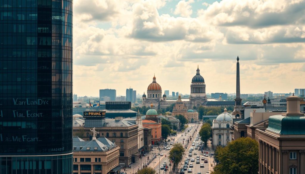 A dynamic cityscape of Kyiv, Ukraine's bustling capital, showcasing the modern investment market. In the foreground, a towering glass skyscraper housing financial institutions, its reflective facade mirroring the surrounding architecture. The middle ground features a bustling street lined with trading terminals, stock brokers, and tech startups. In the background, the historic domes of St. Sophia's Cathedral and the Motherland Monument stand as timeless landmarks against a vibrant, cloud-dappled sky. The overall scene conveys the rapid development and integration of Ukraine's investment landscape, captured with a cinematic, wide-angle lens. Cryptonews.in.ua A dynamic cityscape of Kyiv, Ukraine's bustling capital, showcasing the modern investment market. In the foreground, a towering glass skyscraper housing financial institutions, its reflective facade mirroring the surrounding architecture. The middle ground features a bustling street lined with trading terminals, stock brokers, and tech startups. In the background, the historic domes of St. Sophia's Cathedral and the Motherland Monument stand as timeless landmarks against a vibrant, cloud-dappled sky. The overall scene conveys the rapid development and integration of Ukraine's investment landscape, captured with a cinematic, wide-angle lens. Cryptonews.in.ua