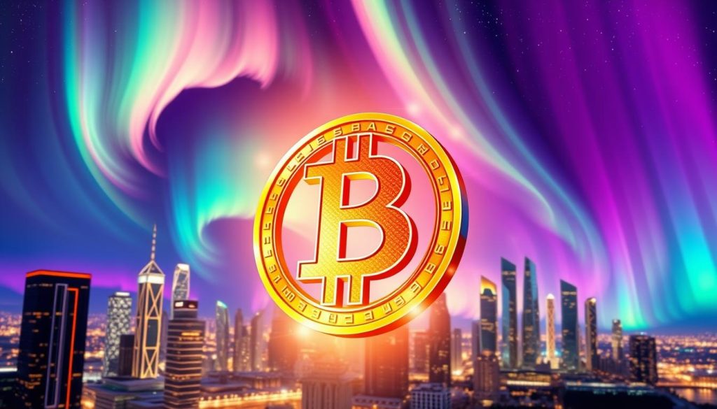 A dynamic, colorful illustration of bitcoin investment. In the foreground, a stylized bitcoin symbol made of shimmering gold and silver hues, casting a warm glow. In the middle ground, a cityscape of futuristic skyscrapers and gleaming financial towers, symbolizing the digital economy. In the background, a vibrant aurora borealis-like display of shifting colors and patterns, representing the transformative potential of cryptocurrency. The overall composition conveys a sense of innovation, growth, and the vast possibilities of bitcoin investment. Cryptonews.in.ua A dynamic, colorful illustration of bitcoin investment. In the foreground, a stylized bitcoin symbol made of shimmering gold and silver hues, casting a warm glow. In the middle ground, a cityscape of futuristic skyscrapers and gleaming financial towers, symbolizing the digital economy. In the background, a vibrant aurora borealis-like display of shifting colors and patterns, representing the transformative potential of cryptocurrency. The overall composition conveys a sense of innovation, growth, and the vast possibilities of bitcoin investment. Cryptonews.in.ua