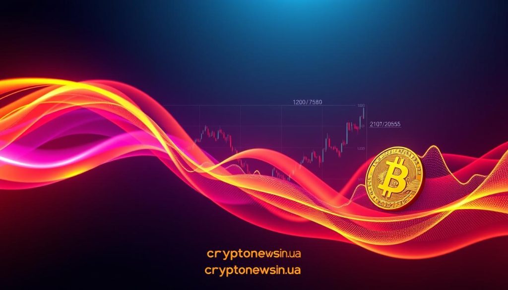 A dynamic, data-driven visualization of Bitcoin's volatility, presented against a sleek, minimalist backdrop. Vibrant color gradients swirl and undulate, mirroring the currency's dramatic price fluctuations. Intricate line graphs and charts float in the foreground, conveying crucial metrics and statistics. The overall composition exudes a sense of technological sophistication, perfectly suited to illustrate the "96,7% предложения биткоина находится в прибыли" section of the "Новости криптовалют Украины - Binance." article. Subtle branding for "cryptonews.in.ua" discreetly anchors the image.
