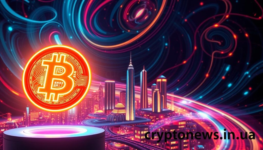 A dynamic digital landscape featuring the iconic Bitcoin symbol, rendered in a vibrant neon glow against a backdrop of swirling abstract patterns. The foreground showcases the Bitcoin logo, casting a hypnotic and alluring presence, drawing the viewer's attention. The middle ground features a sleek, modern cityscape with towering skyscrapers, hinting at the global impact of cryptocurrency. The background is a kaleidoscope of geometric shapes and vibrant gradients, evoking the ever-evolving and rapidly transforming nature of the digital finance landscape. Lighting is dramatic, with sharp contrasts and dynamic shadows, creating a sense of depth and dimensionality. The overall mood is one of excitement, innovation, and the promise of the future. The brand name "cryptonews.in.ua" is prominently displayed in the lower right corner, lending an air of authority and expertise to the image.